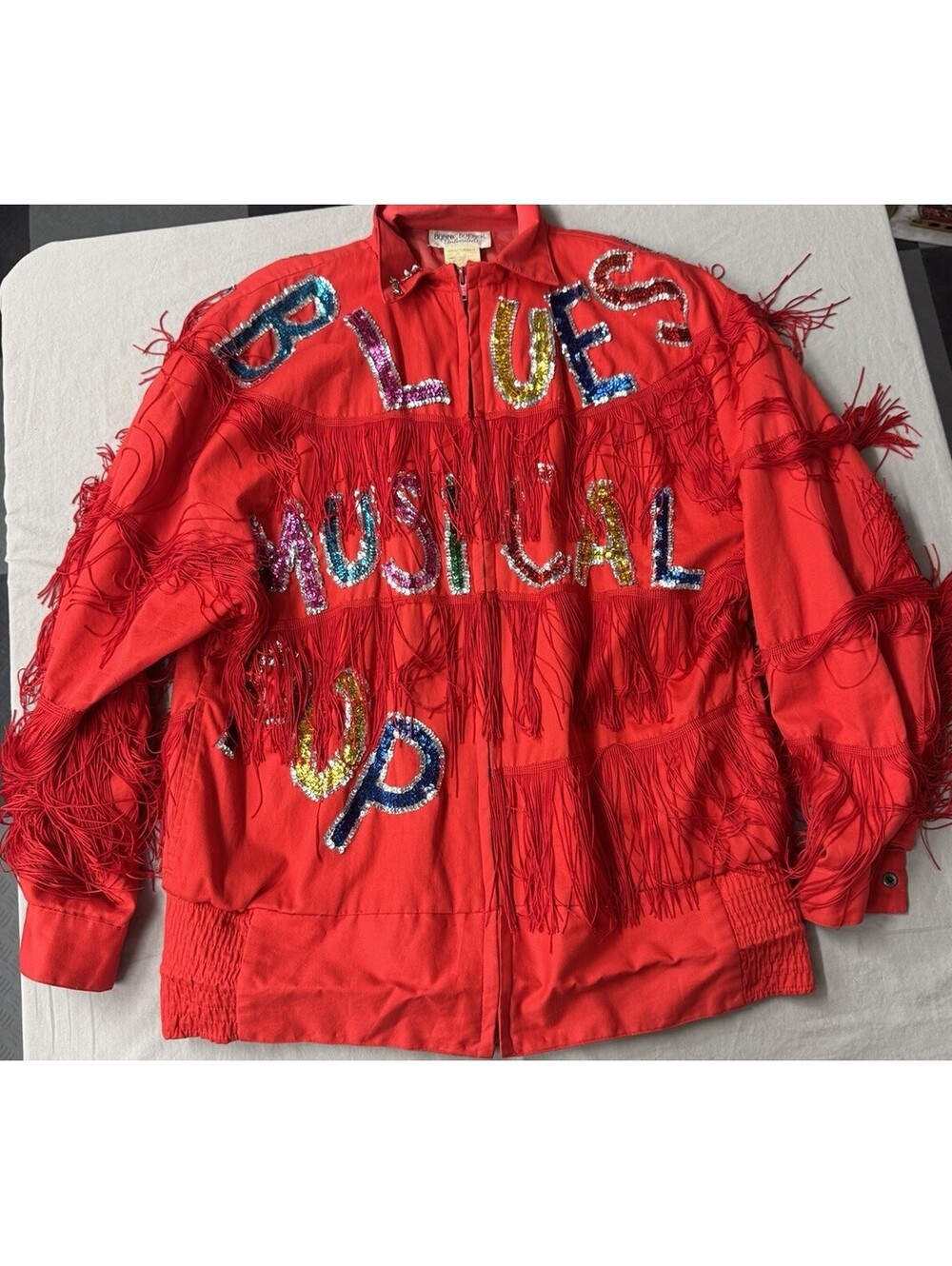 Vintage Bonnie Boerer Sweater / Zip Up Jacket Red With Fringe & Sequin Letters S
